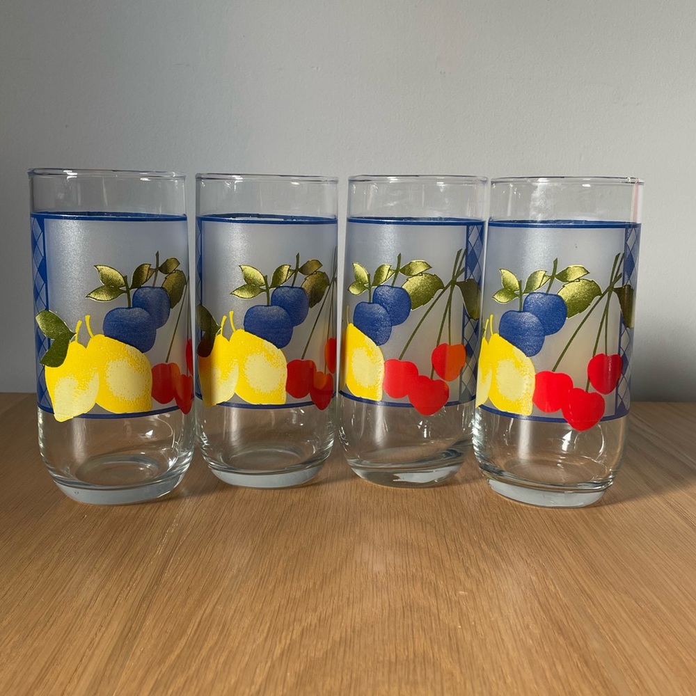 Set of 4 Fruit with Blue Gingham Pattern Highball Glasses
